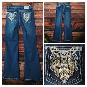 Rebel Jeans Size 7 Embellished Y2K Tribal Feather Flared Dark Blue Denim Stretch